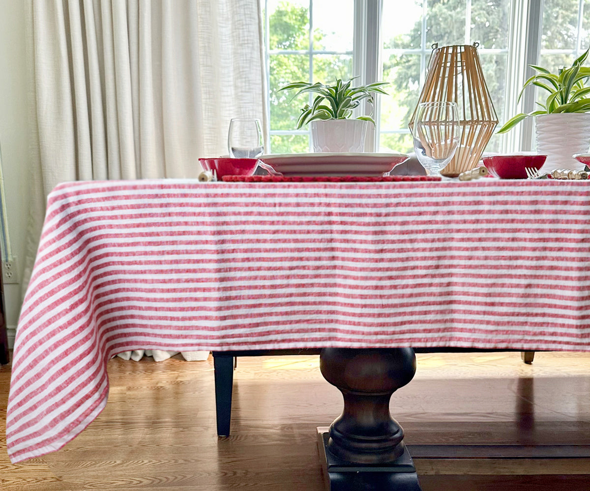 Vintage European mangle store cloth linen with red stripes table cloth runner or sewing fabric