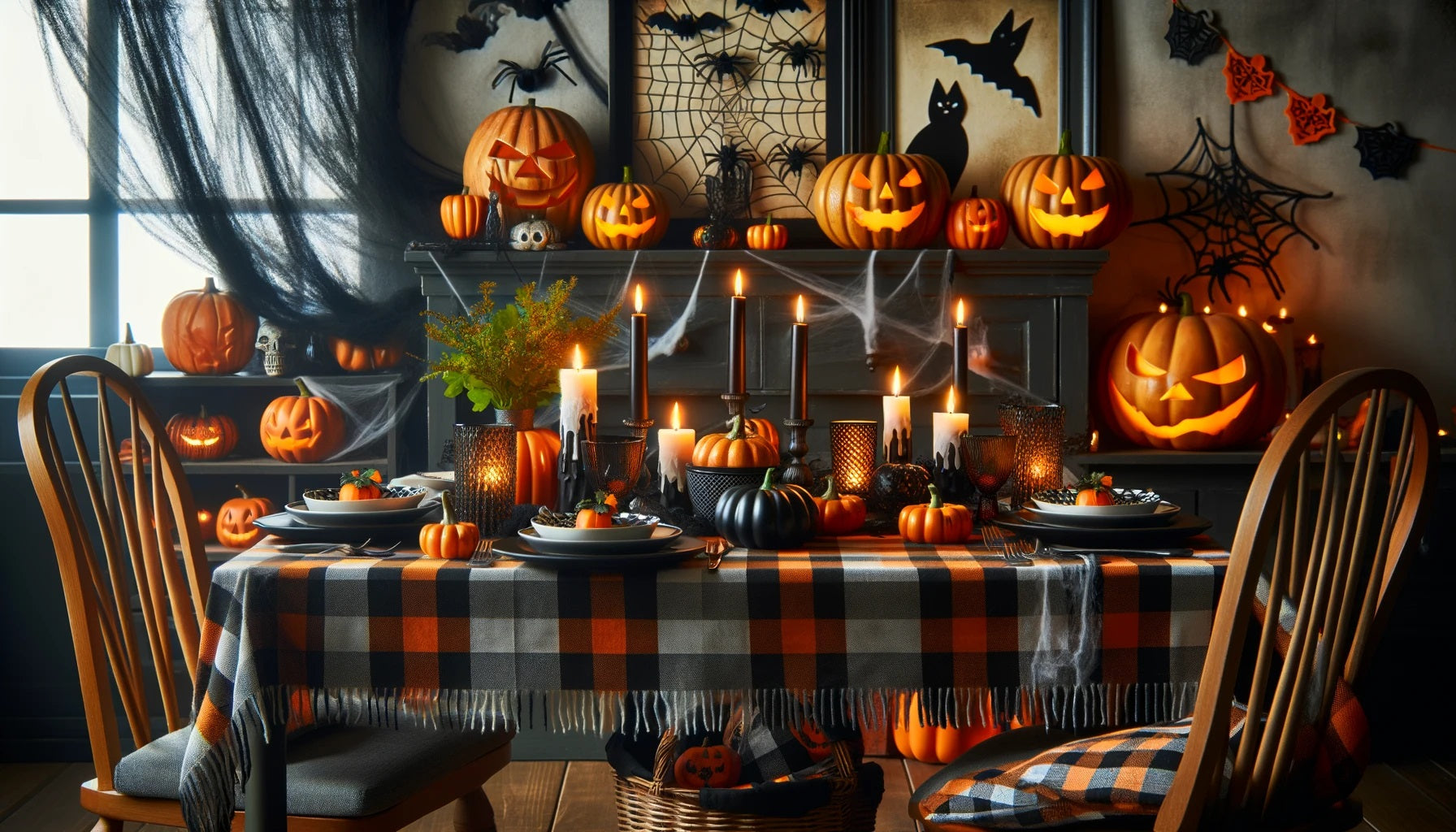 Dining room decorated for Halloween with a black and orange checkered tablecloth, pumpkin-shaped candles, and Halloween-themed dishes. 
