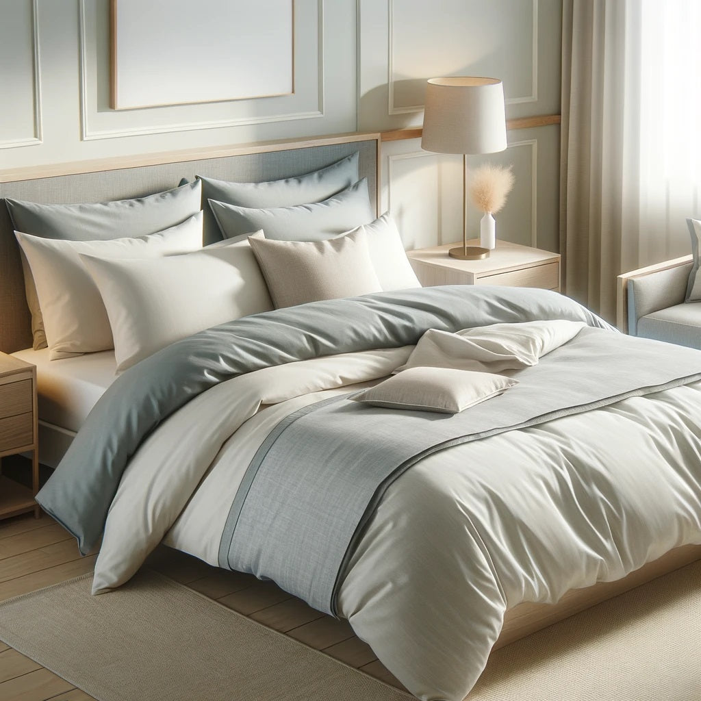 A cozy bedroom featuring a modern bedding set in light grey and white."