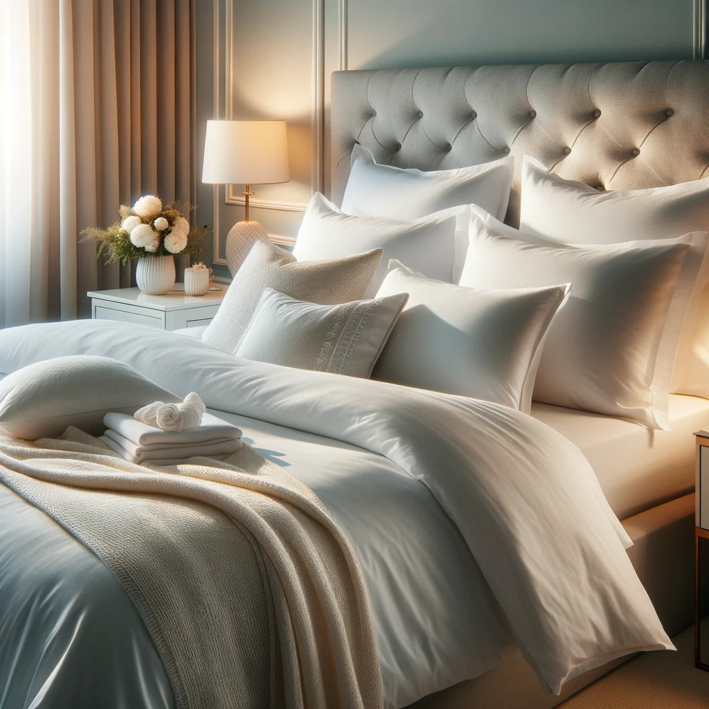 A luxurious bedroom with a neatly made bed featuring crisp white cotton bed sheets. The bed is adorned with fluffy pillows and a cozy throw blanket, creating an inviting and comfortable atmosphere.