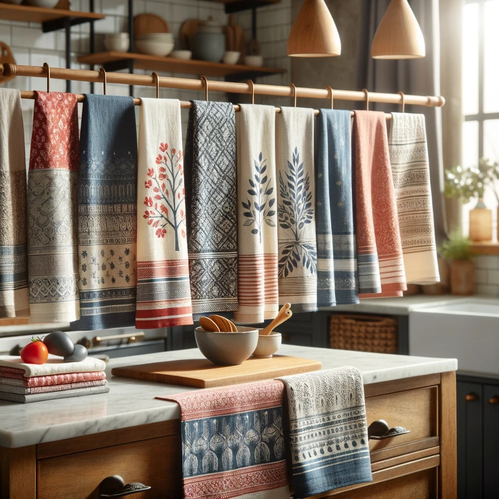 A variety of kitchen hand towels and dish towels displayed in a cozy, well-lit kitchen