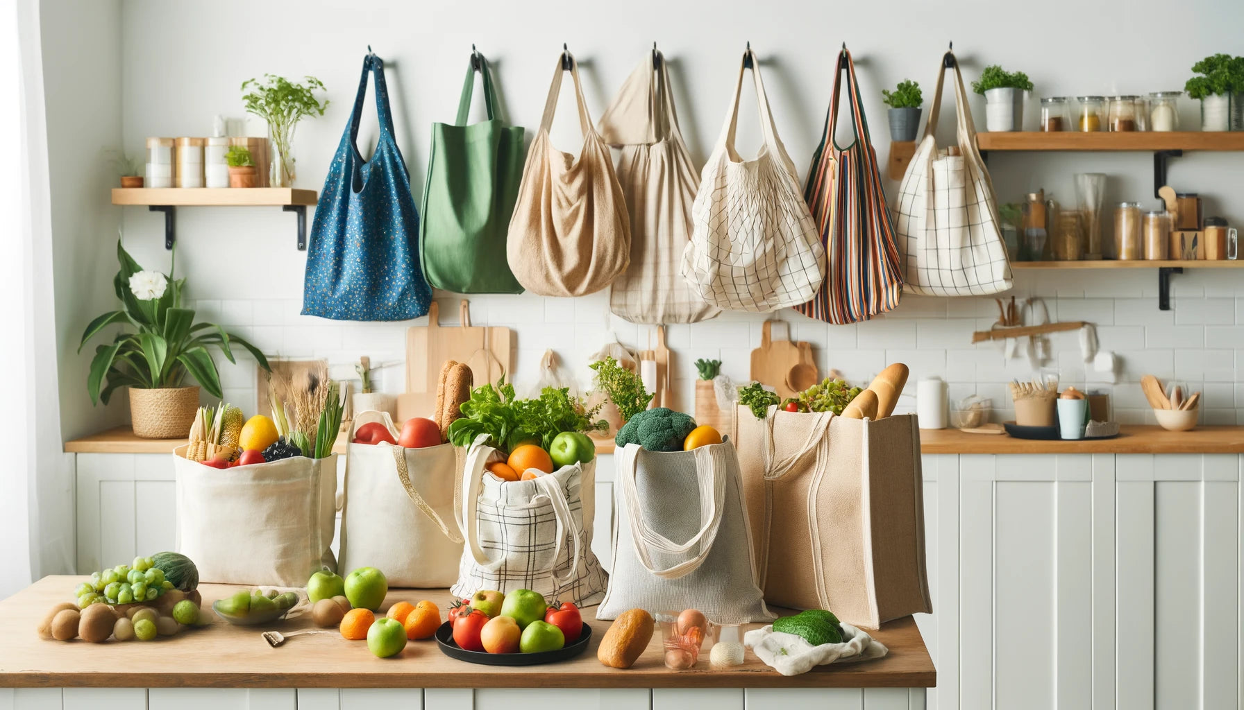 A variety of reusable grocery bags in a bright, clean, and modern kitchen setting. 