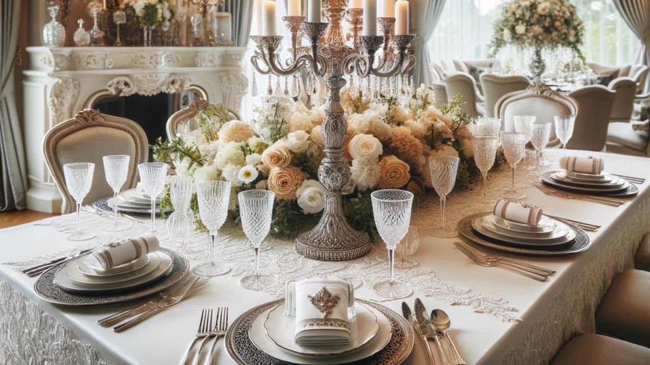 Elegant dining table set with fine china, crystal glassware, silver cutlery, neatly folded napkin, candles, and a floral centerpiece, creating a sophisticated and refined atmosphere in a luxurious dining room.