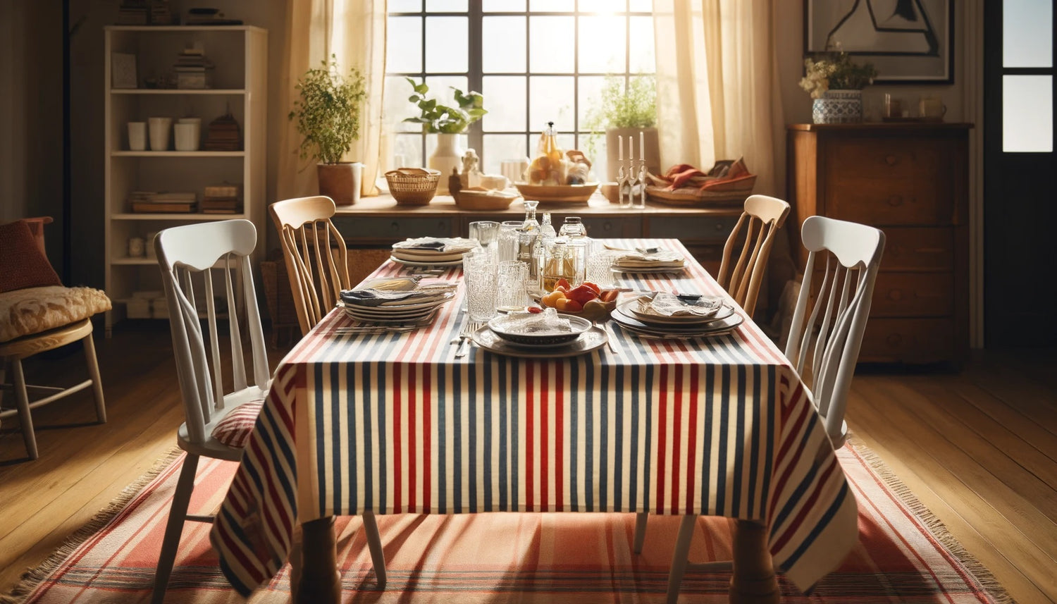 Cozy dining room with a table set for a meal, featuring a bold and colorful striped tablecloth with red, white, and blue stripes, plates, glasses, cutlery, natural light, and potted plants adding a touch of greenery