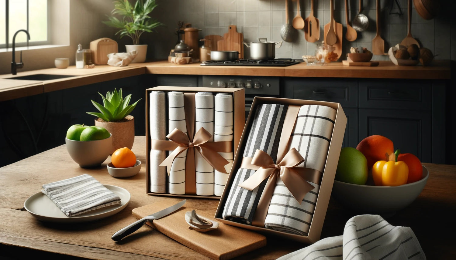 Cozy and modern kitchen setting with high-quality cotton kitchen towels, including one checkered and three striped, neatly folded and presented in a stylish gift box with gourmet cooking utensils and fresh fruits.