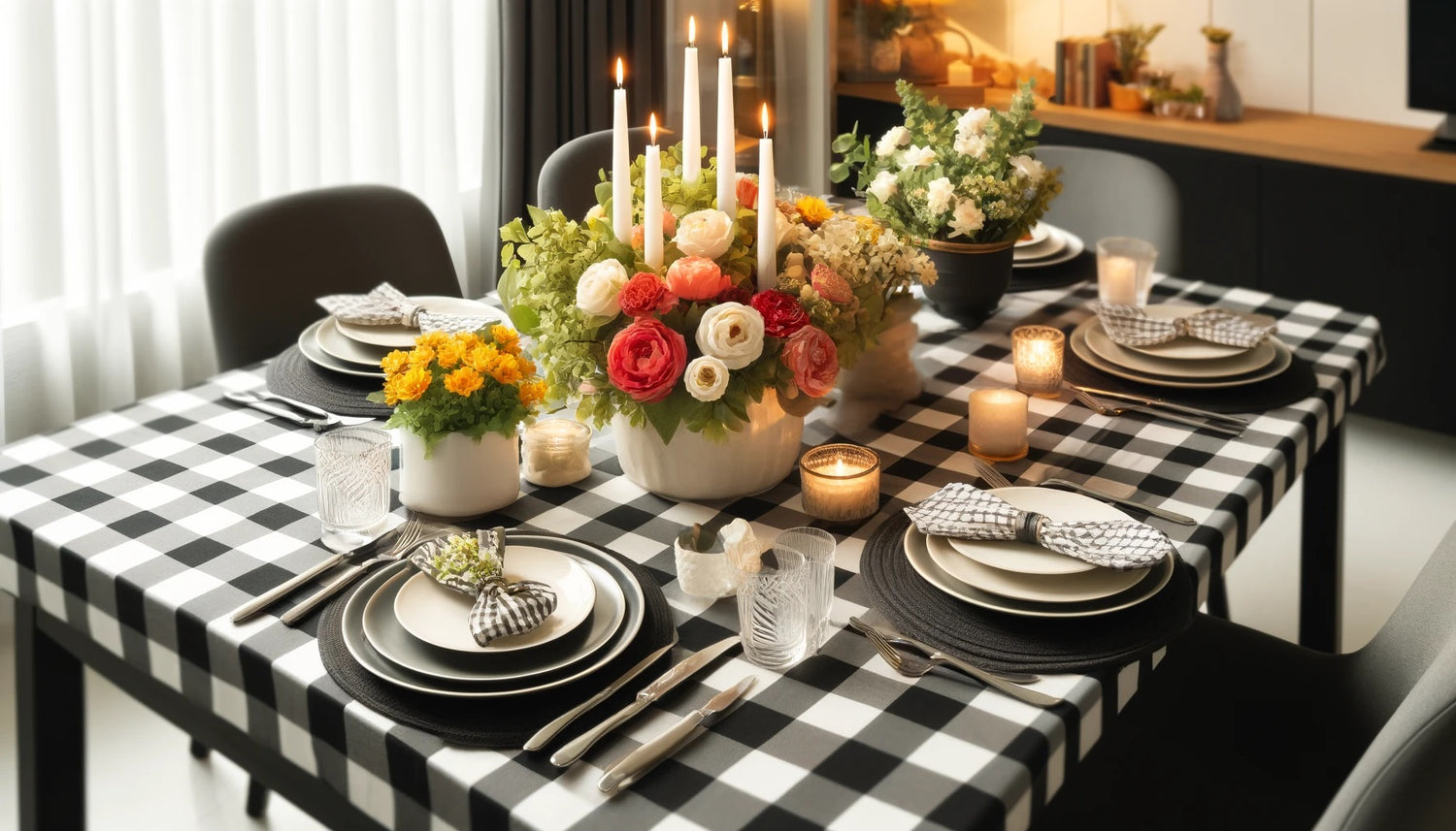 Colorful checkered tablecloth for a casual dining setting