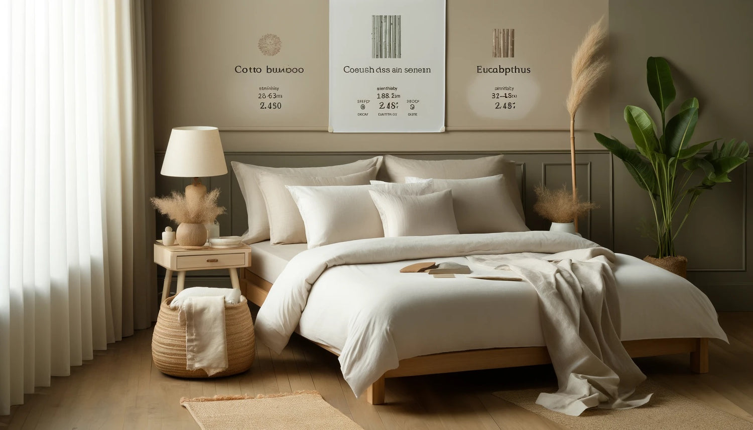 A luxurious bedroom setting featuring a neatly made bed with cotton and linen bed sheets. 