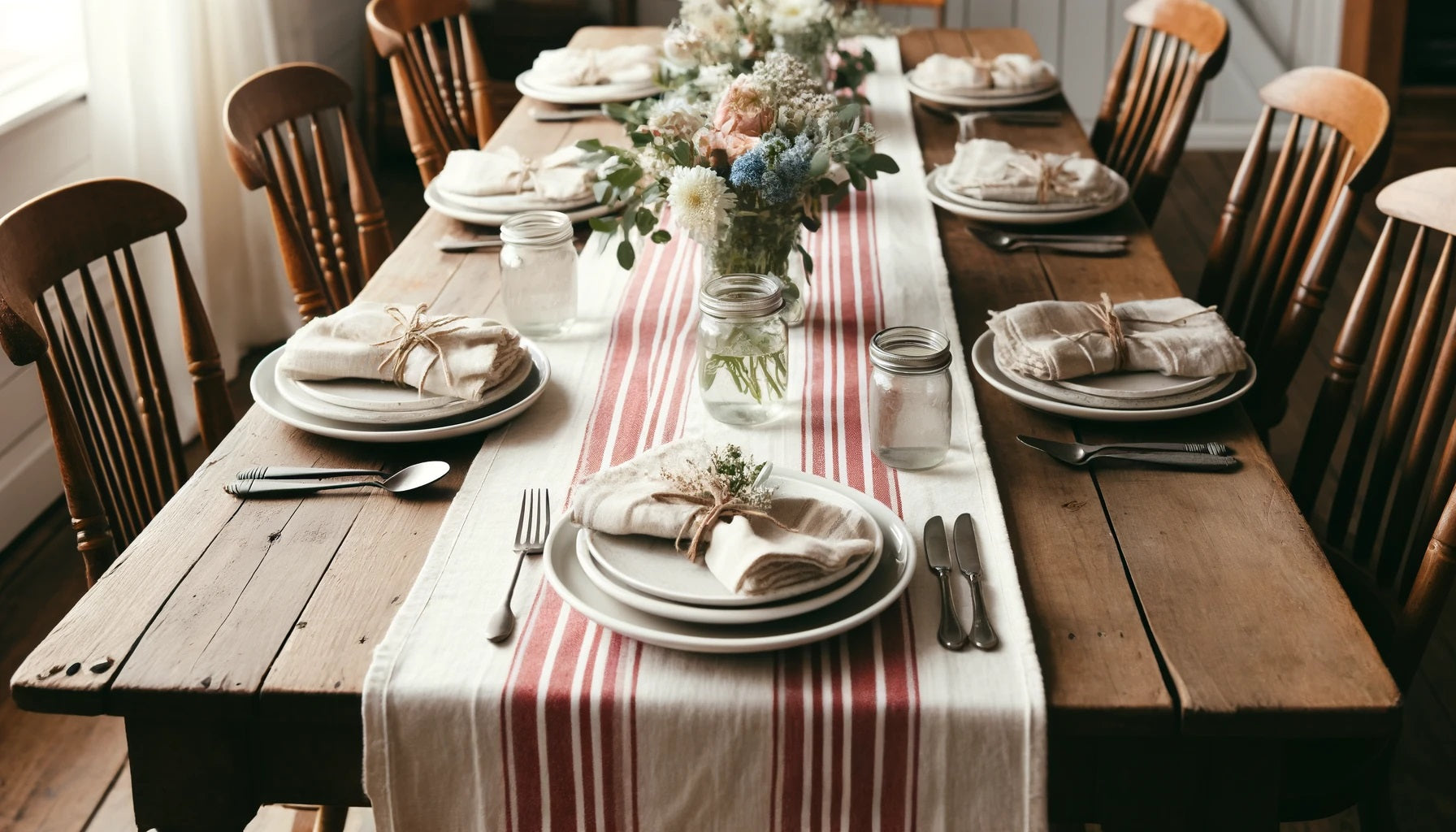  rustic farmhouse dining table set for a meal, featuring a cotton table runner with a red