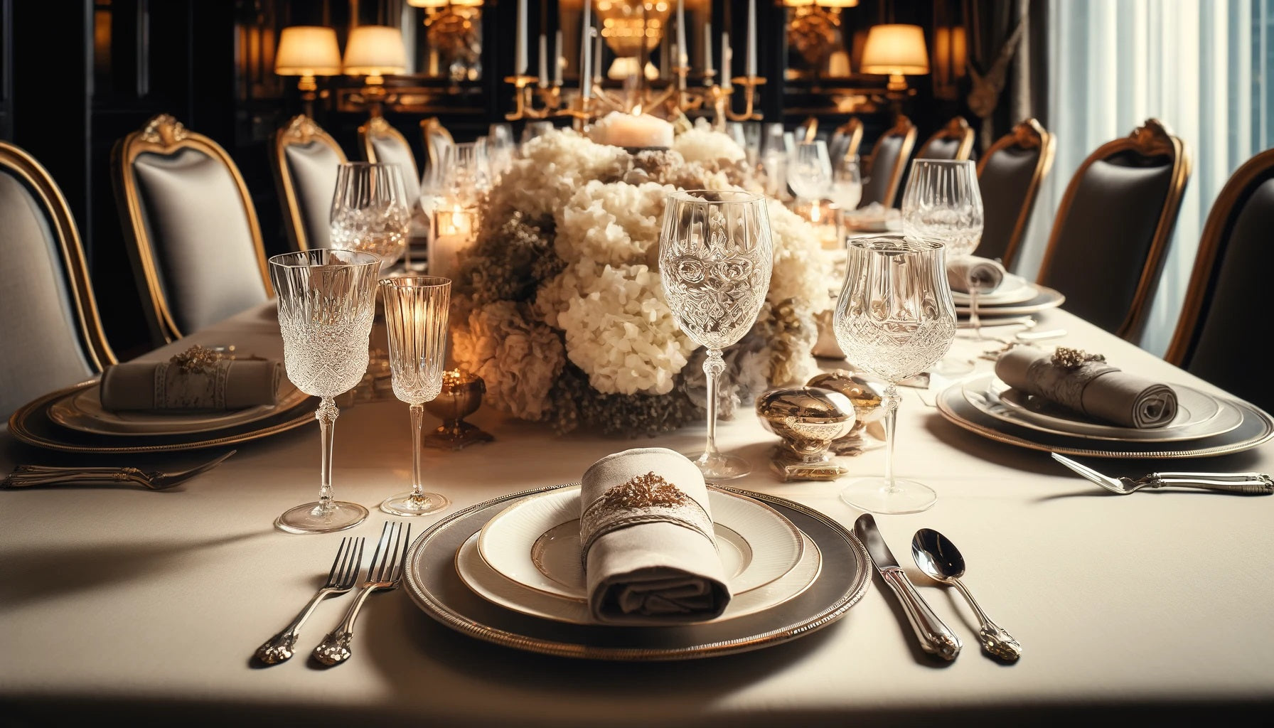 A luxurious dining table setup with elegant tableware, including fine china, polished silverware, crystal glasses.