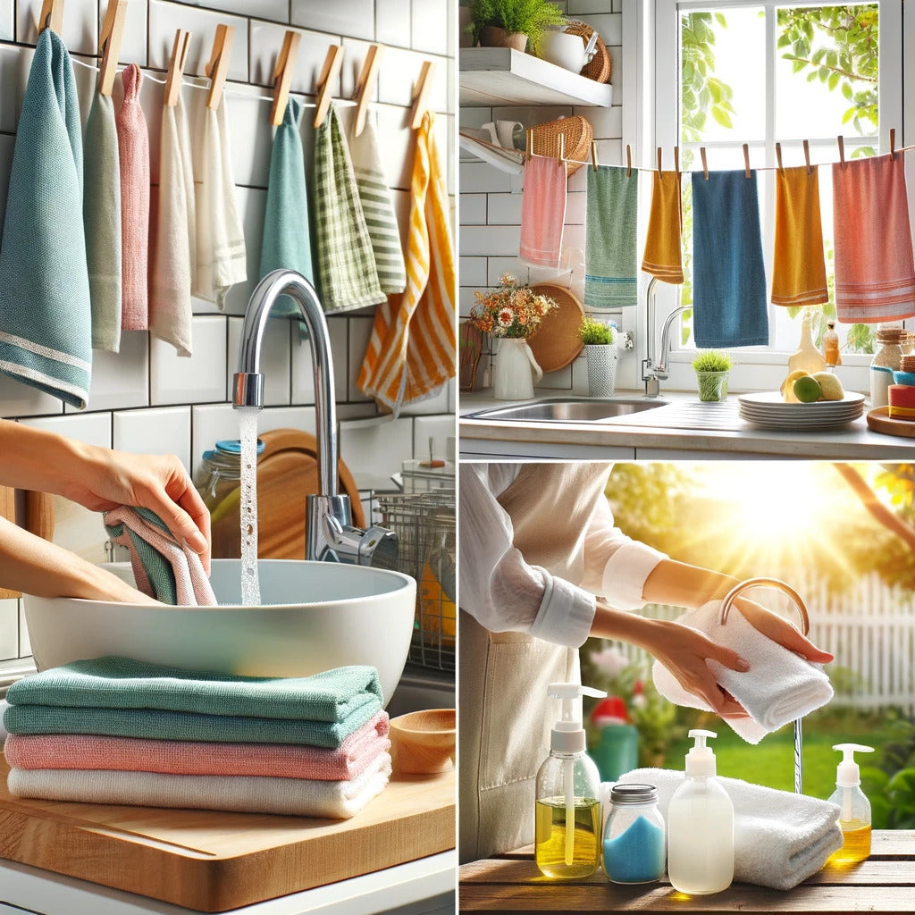 A bright, well-organized kitchen with various colorful kitchen towels hanging on hooks and neatly folded on shelves. 
