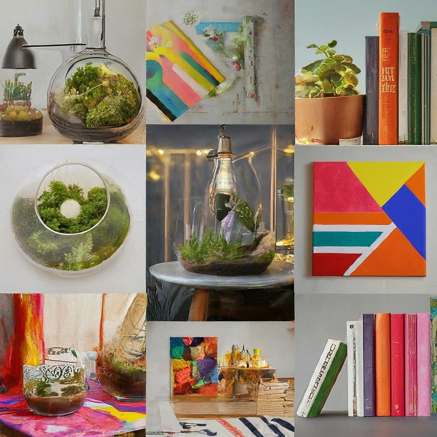 Collage showcasing DIY home decor projects: a terrarium with succulents, a painted abstract canvas, a pendant lamp with fairy lights, a geometrically patterned rug, and bookends with decorative knobs.