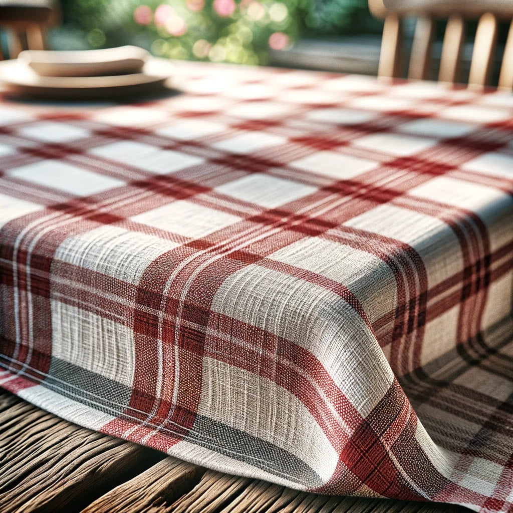  A red and white gingham checkered plaid tablecloth, featuring a classic design with large squares formed by intersecting lines.