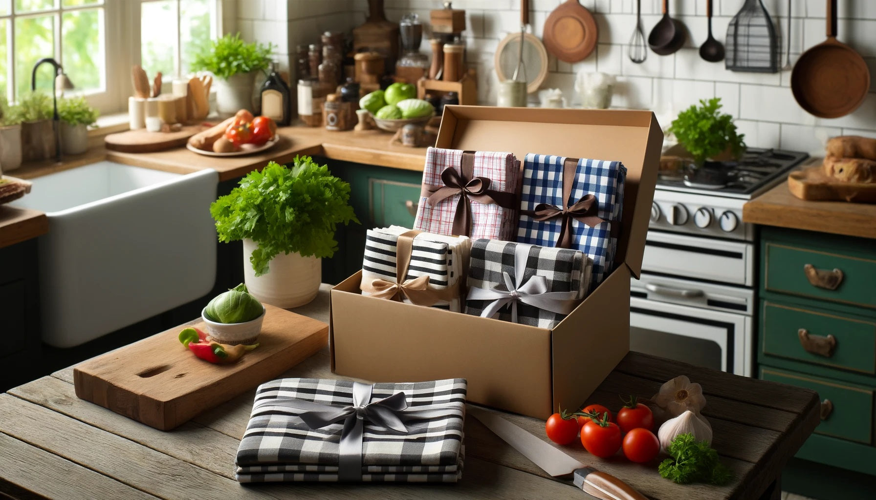 Checkered and striped cotton kitchen towels as a gift, displayed in a well-organized kitchen with a rustic wooden cutting board and decorative elements