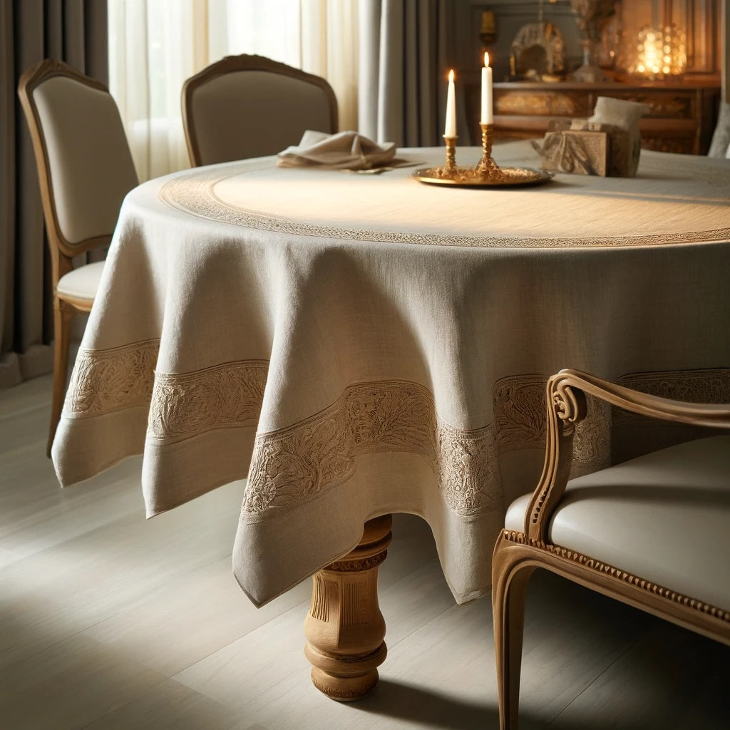 Here's the image of a luxurious linen tablecloth displayed elegantly on a dining table. The tablecloth features intricate embroidery and is showcased in a well-decorated dining room with warm lighting.