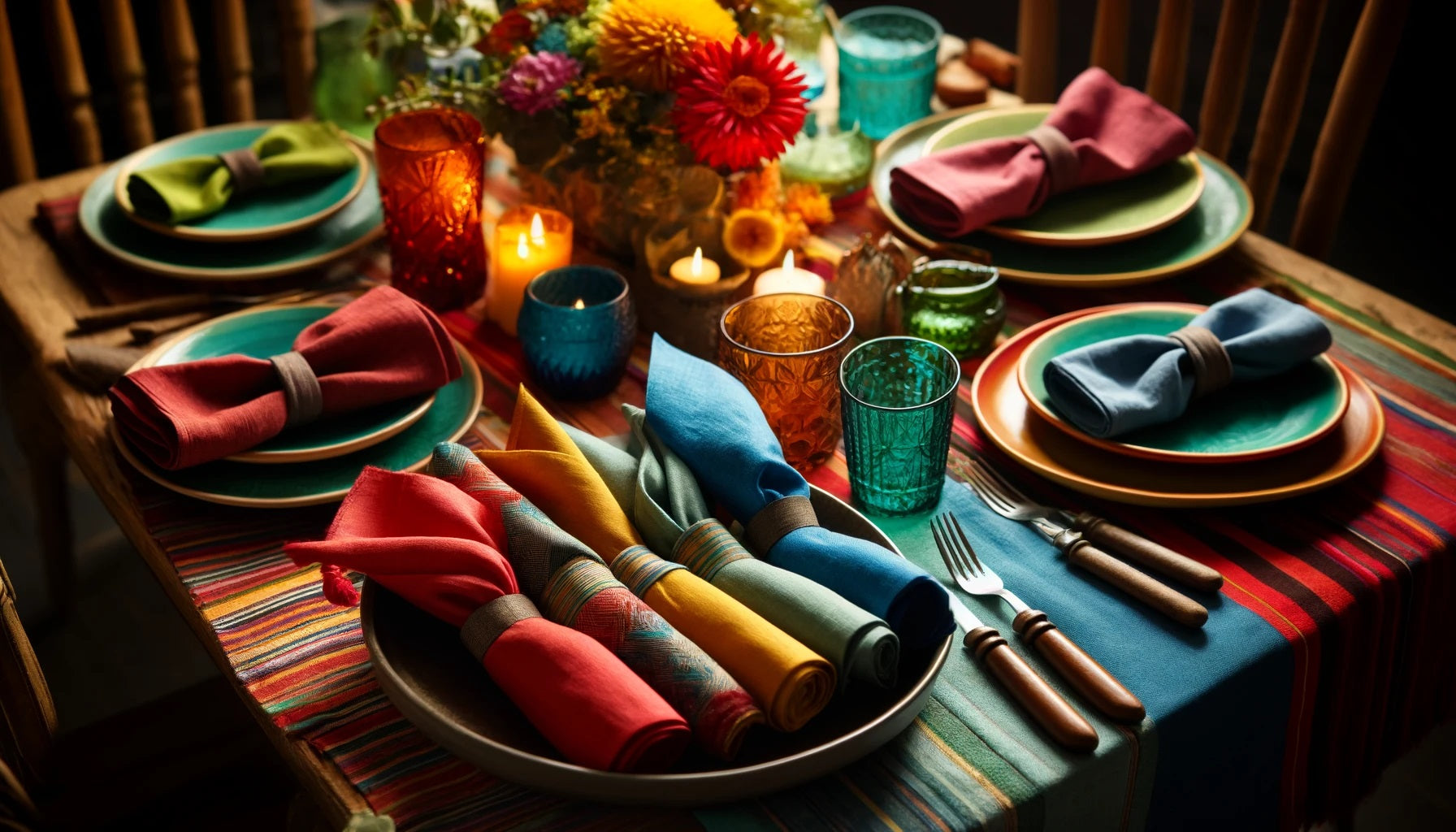 The napkins are placed next to matching dinnerware, with decorative elements like colorful glassware, candles, and a bright floral centerpiece. The scene is lit with warm, inviting lighting, emphasizing the rich hues and textures of the linen napkins.