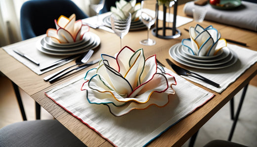 A set of white cloth napkins with colorful edges, arranged artistically on a modern dining table. 