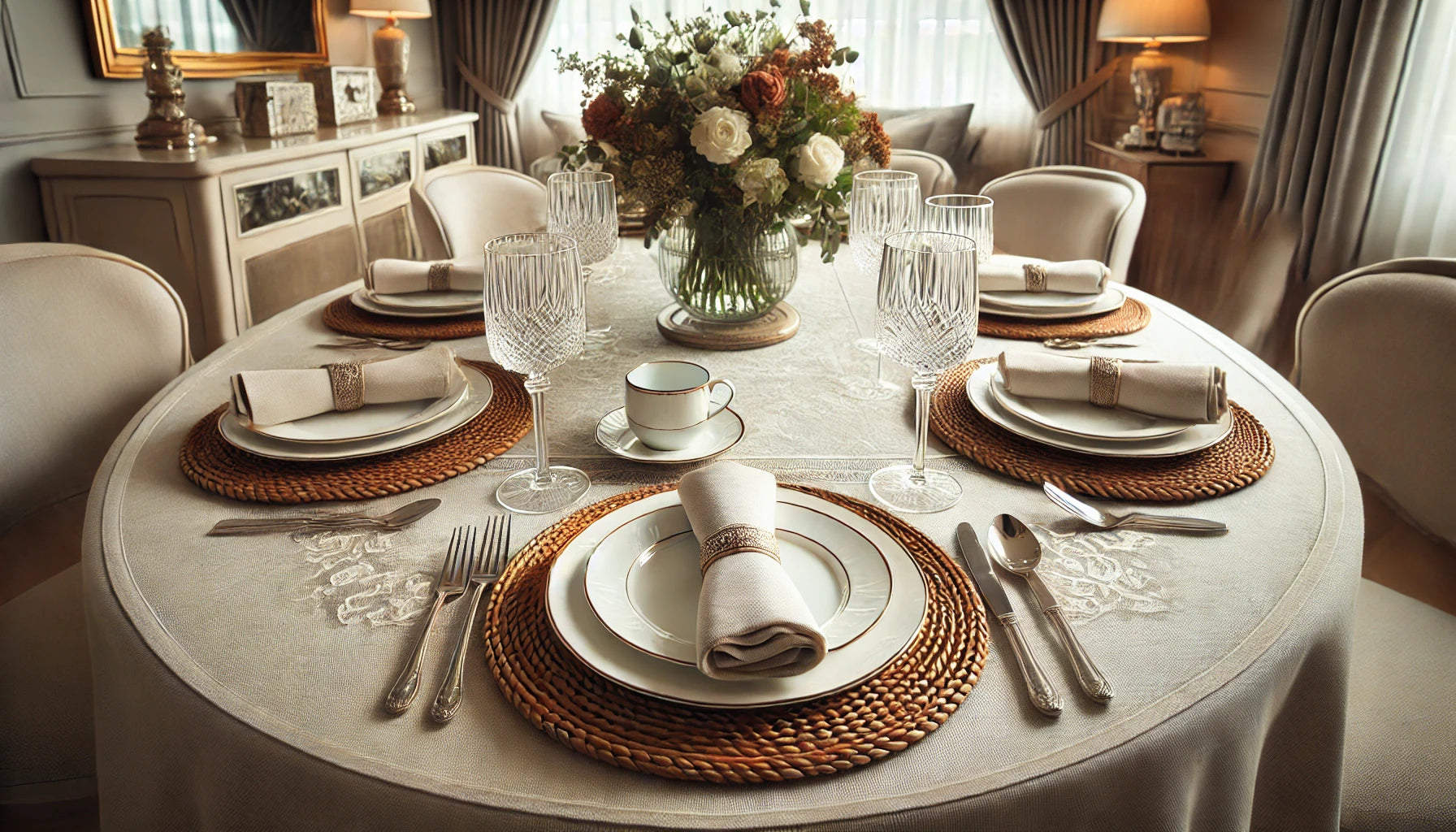 An elegantly set dining table with oval-shaped placemats made of woven natural fibers, light-colored tablecloth  and a centerpiece with fresh flowers in a cozy dining room ambiance.