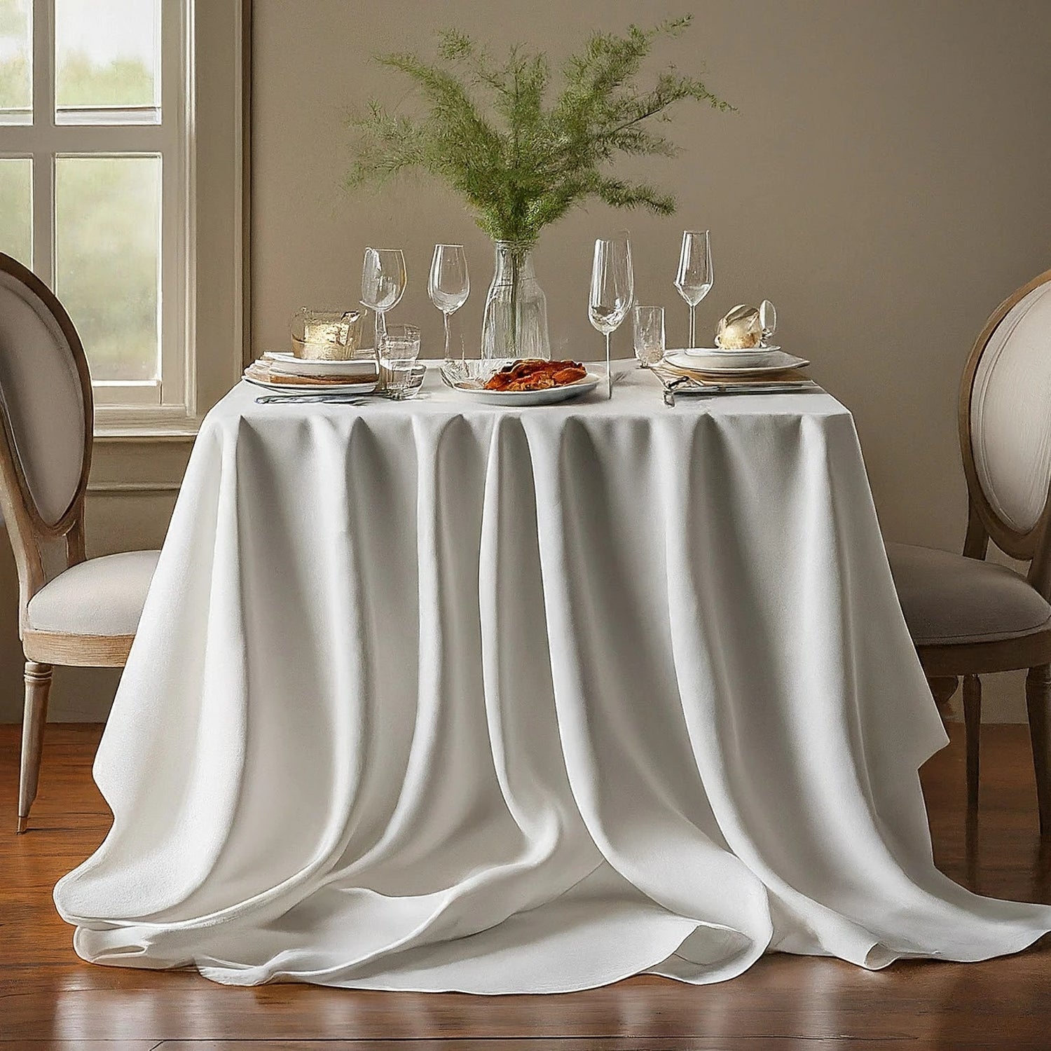 A pristine white tablecloth drapes over a wooden dining table, creating an elegant and minimalist table setting.