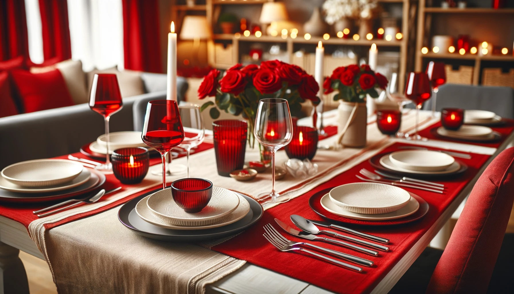 A stylish dining table set with red cotton placemats, white plates, silver cutlery, and red wine glasses. 