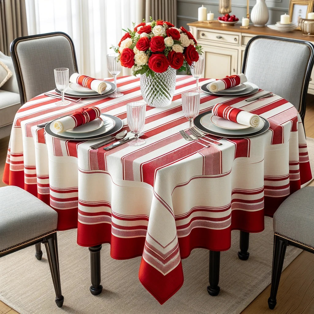 A dining table set with a striped tablecloth featuring a red border. The tablecloth has alternating stripes, with a solid red border around the edges. 