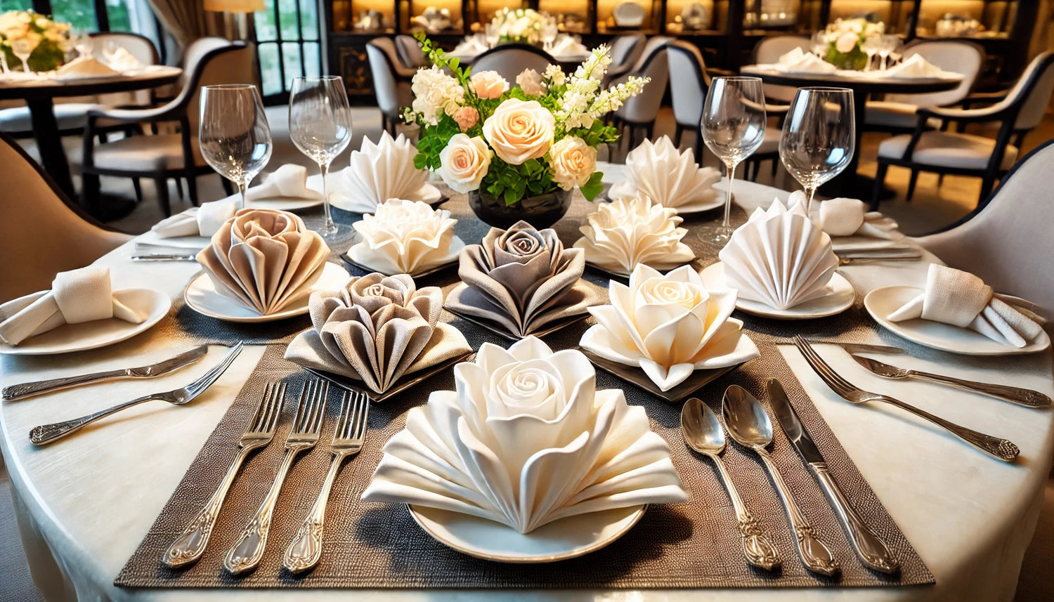 A variety of folded napkins displayed on a dining table. The Linen napkins are made of high-quality cotton, each folded into elegant shapes 