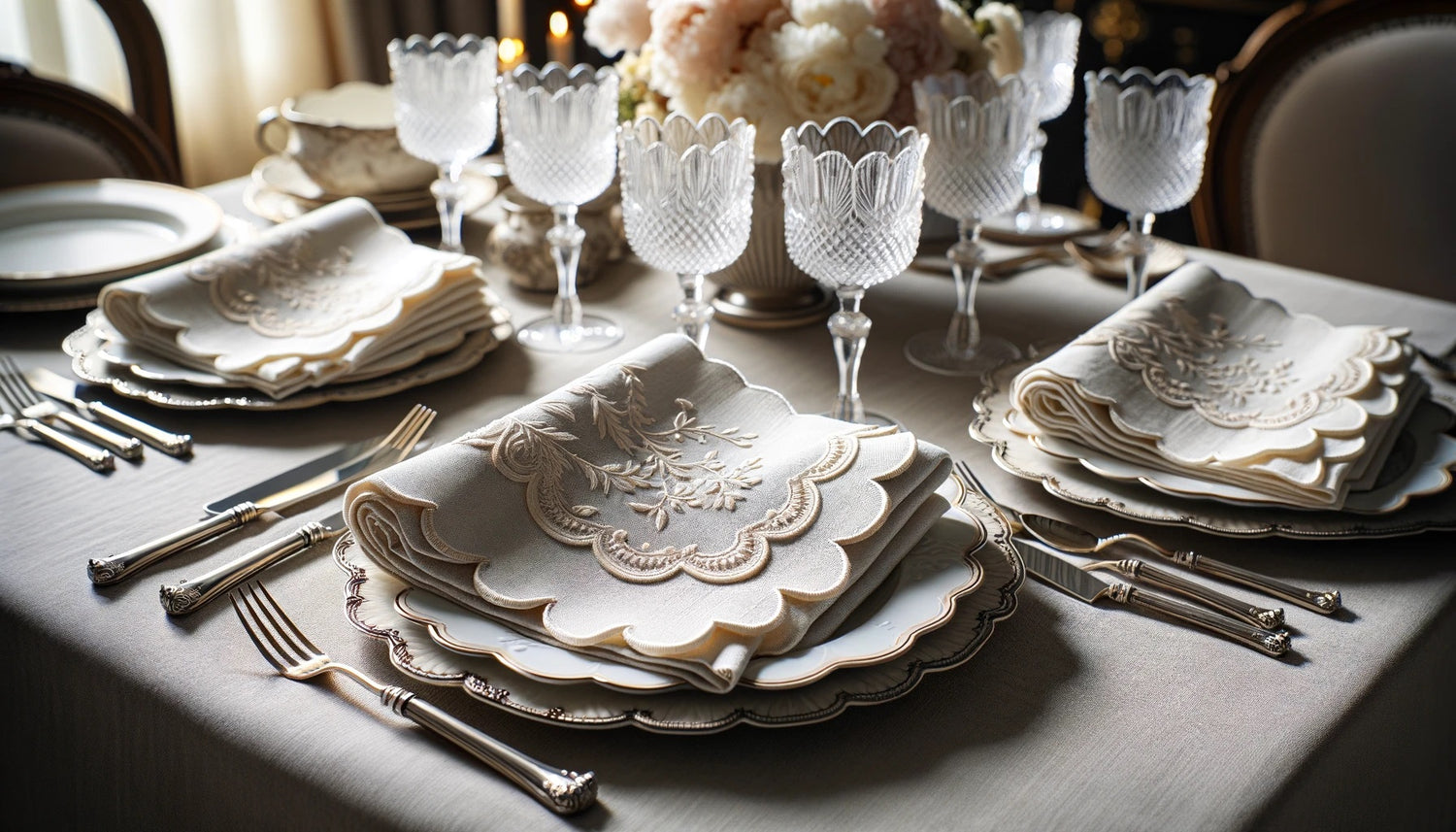 A set of elegant scallop napkins in a sophisticated dining setting.