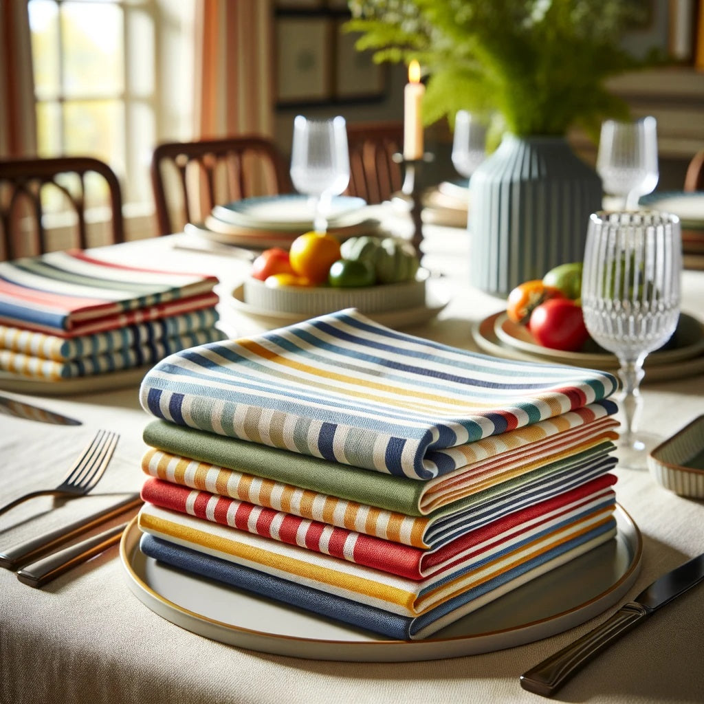 A set of neatly folded striped napkins adds a touch of classic elegance to the table setting.