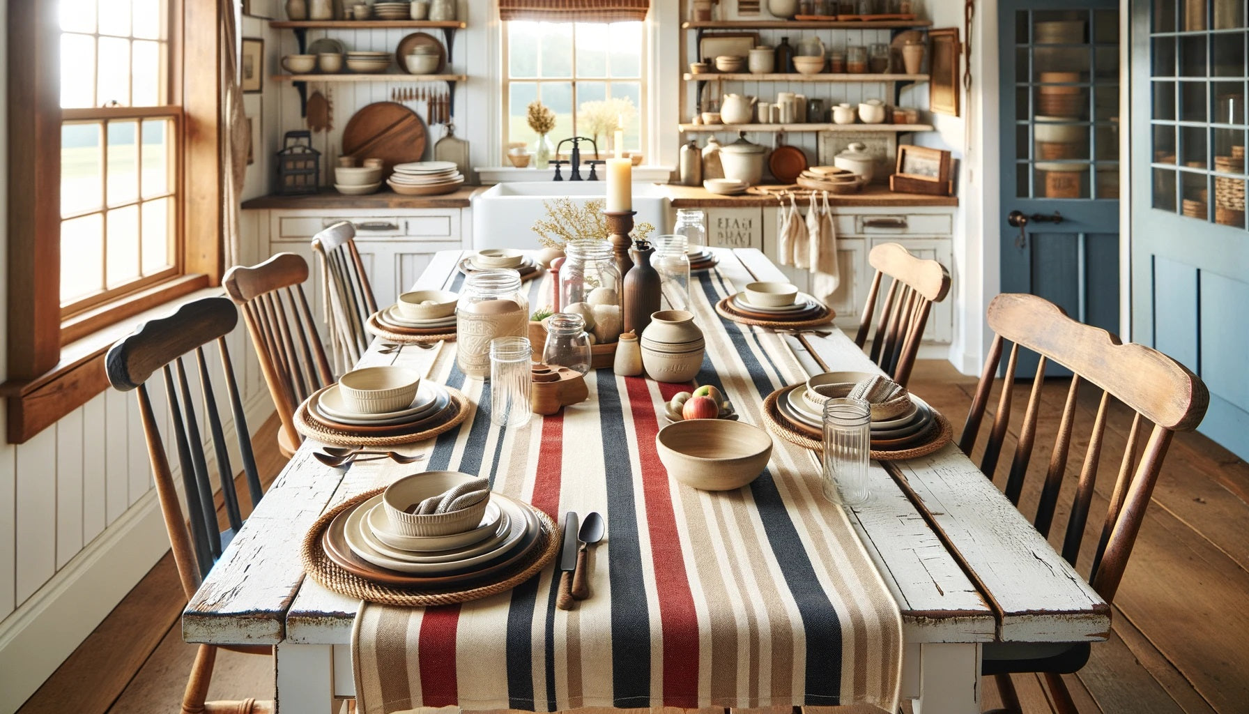 Country striped farmhouse table runner on a white rustic wooden table with bold stripes in red, navy, beige, and cream, complemented by wooden serveware, ceramic dishes, and mason jar centerpieces in a quaint farmhouse kitchen setting