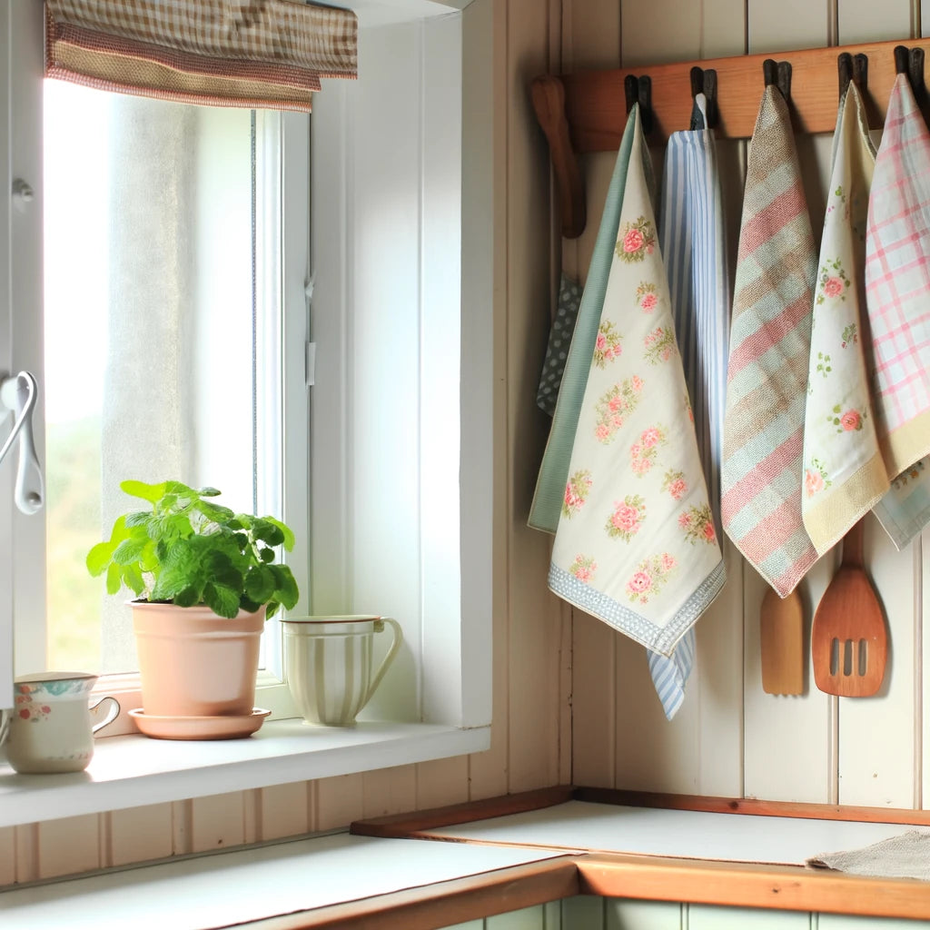 A small and cozy farmhouse-style kitchen corner. Pretty kitchen towels hang on a wooden peg rail, with some folded neatly on a small shelf. 