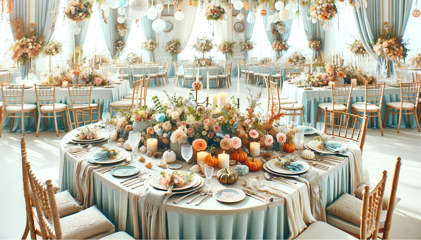  A beautifully decorated wedding table setting. Spring_ A garden-themed setup with pastel-colored tablecloths, floral centerpieces.