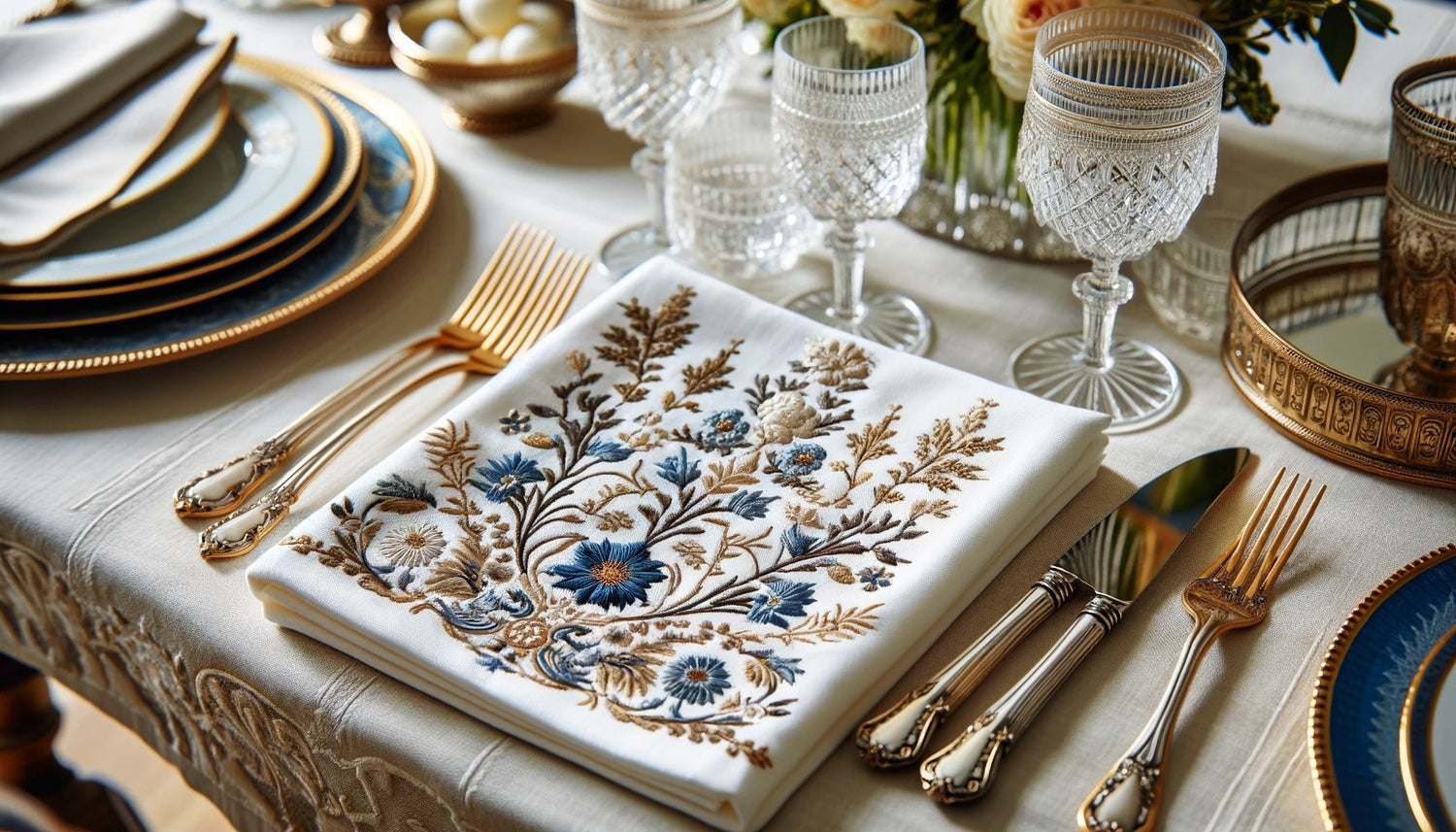 A set of elegant embroidered napkins displayed on a dining table. The napkins are white with intricate floral patterns in blue and gold embroidery