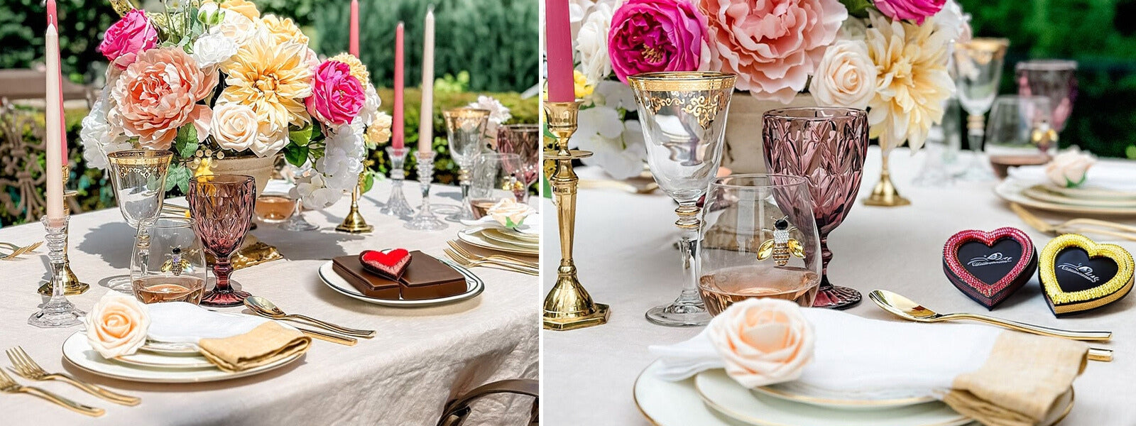 Luxurious Valentine's Day dining setup with rich tablecloths, napkins, and candlelight.