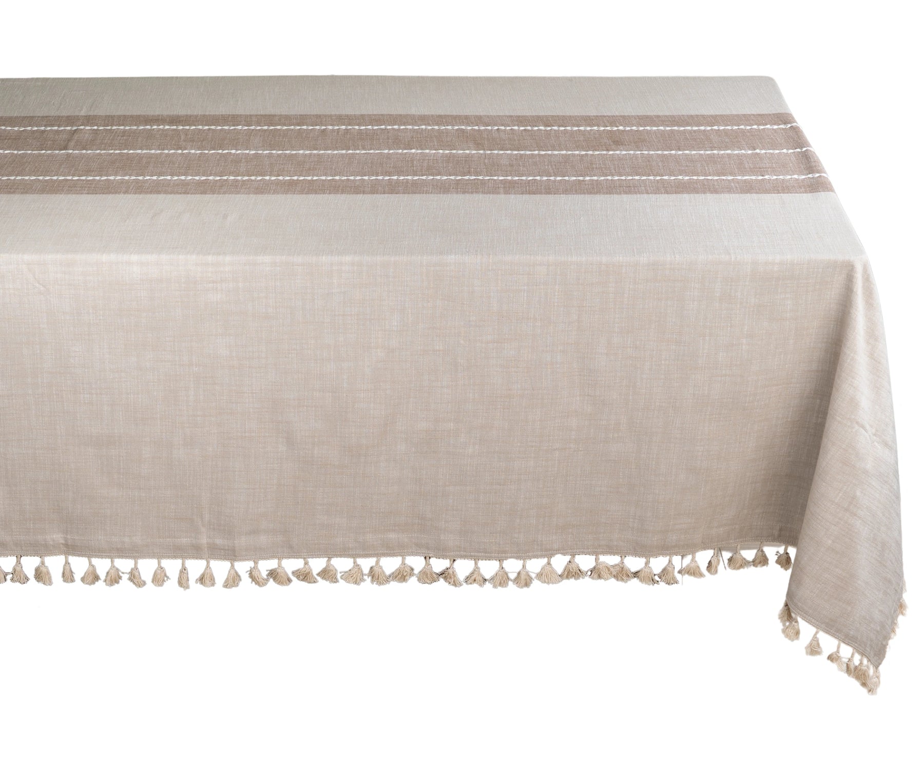 Striped tablecloth with tassel accents, perfect for adding a stylish touch to your dining table