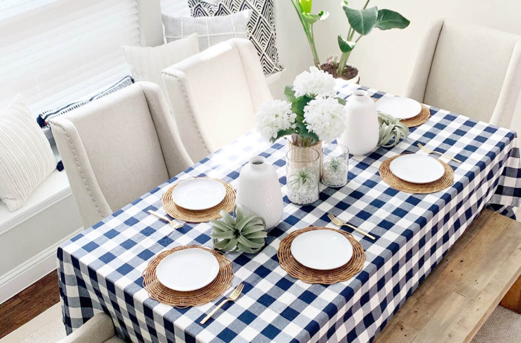 Navy blue and white rectangular tablecloth