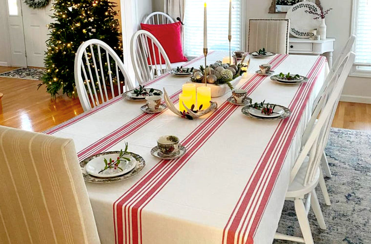 Red striped linen tablecloth