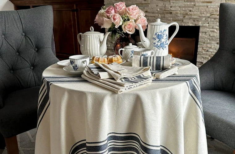 Round linen striped tablecloth