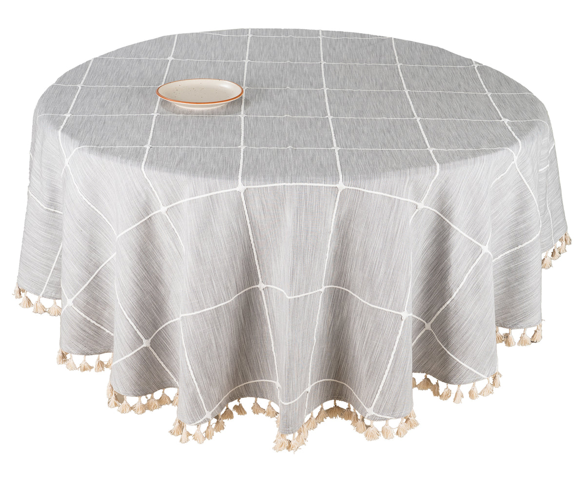 A round tablecloth with gold accents, bringing a touch of luxury to special events.