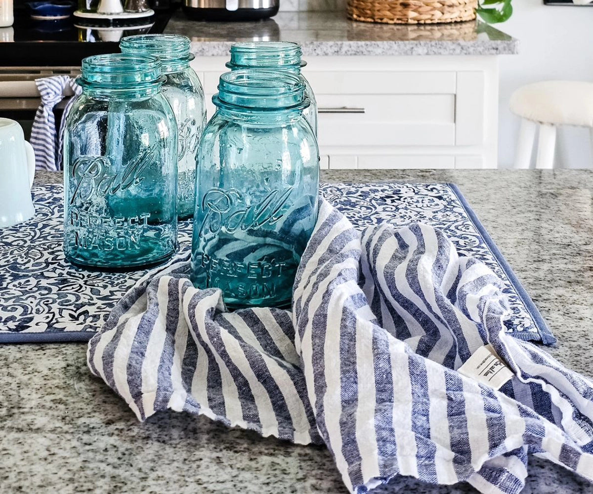 Blue and white linen napkins with a rustic charm