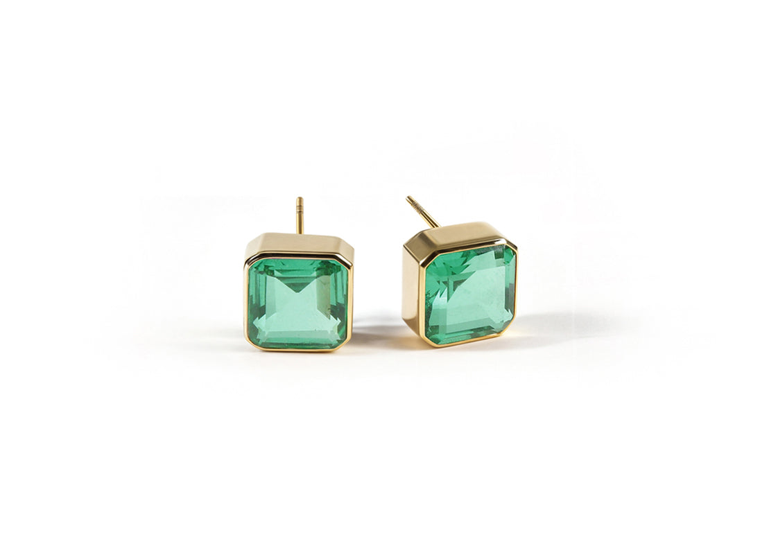 18K Gold Plated Emerald Green Quartz Earrings with 10mm Asscher-Cut Stone