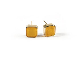 10mm Asscher-cut yellow quartz stud earrings with 18K gold-plated brass setting for women.