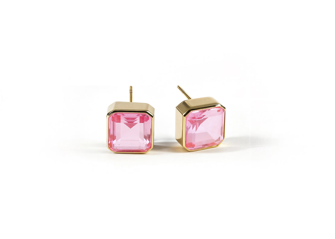 18K Gold Plated Pink Tourmaline Stud Earrings with Asscher-Cut Stone