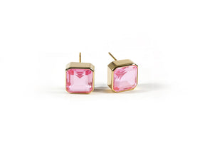 18K Gold Plated Pink Tourmaline Stud Earrings with Asscher-Cut Stone