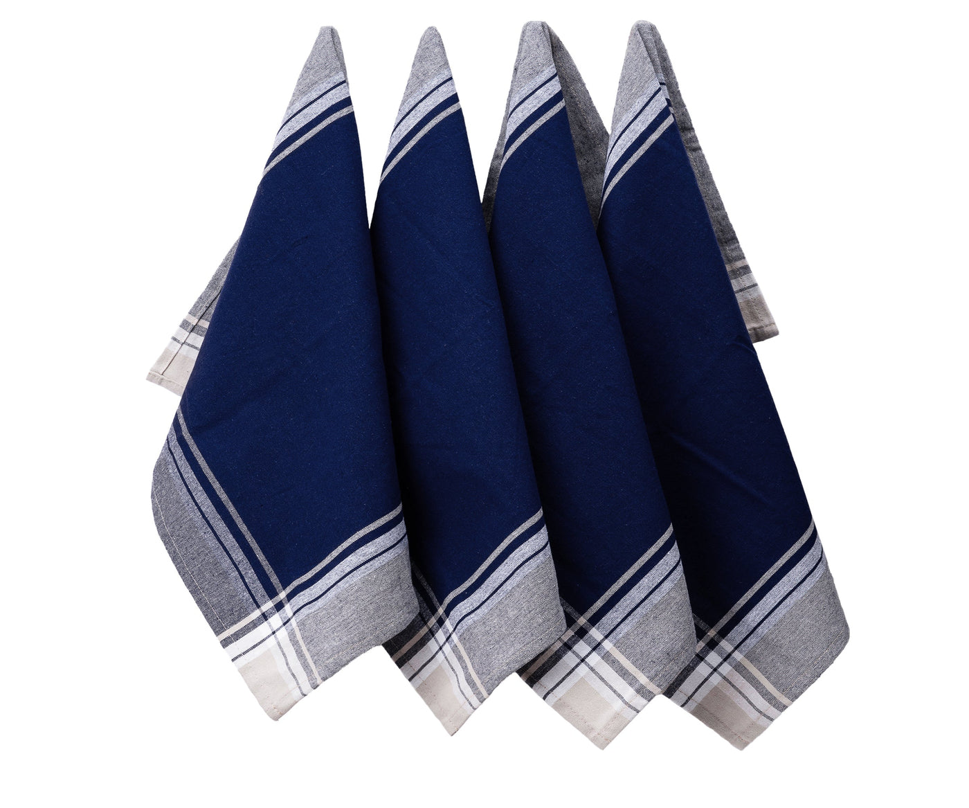 Soft, absorbent cotton kitchen towels with striped patterns hanging on a hook