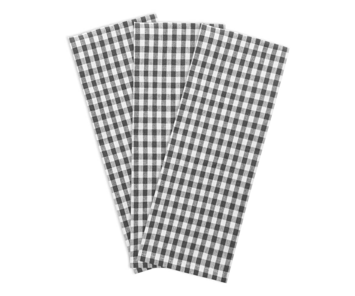 Absorbent cotton kitchen towels in a variety of checkered patterns and colors.