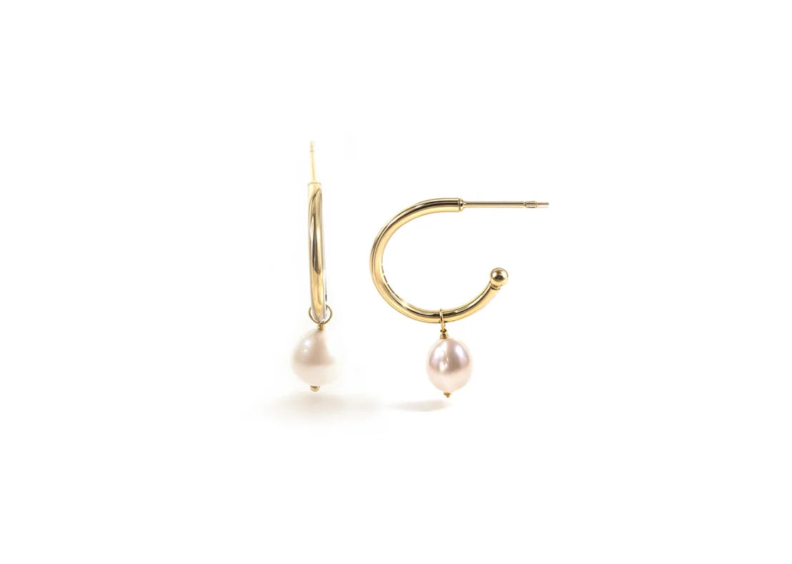 Freshwater Pearl Earrings with 18mm Gold-Plated Hoops and Push-Back Closure