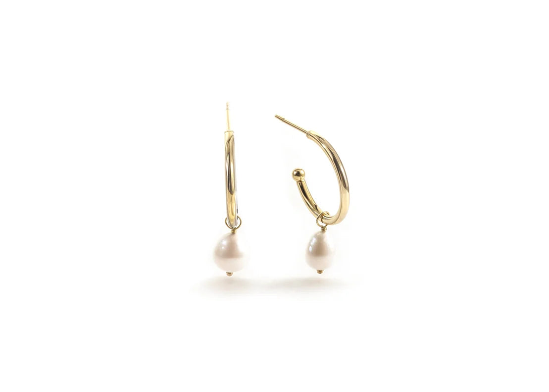 18K Gold Plated Pearl Hoop Earrings with 10x14mm Tumble Pearl