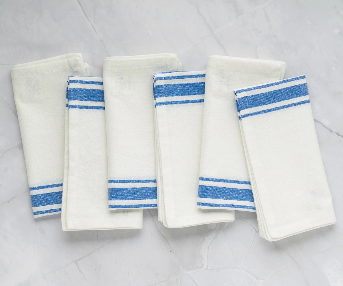 Set of 6 blue and white cotton napkins for dining and kitchen use