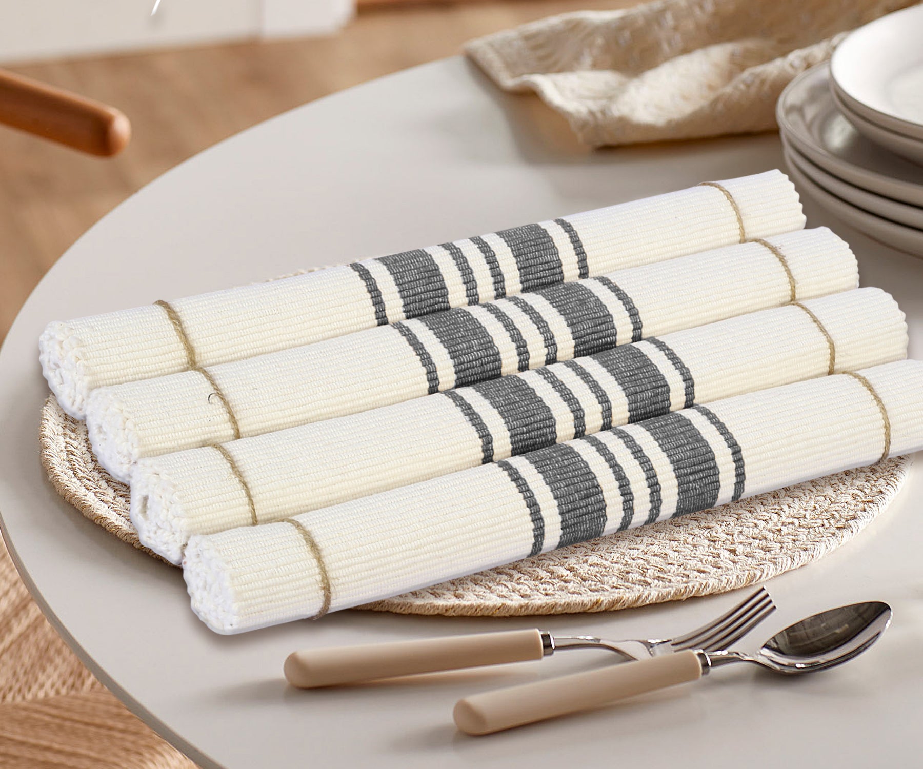 Navy Blue Country Striped Placemats, rolled, ideal for casual dining and farmhouse decor.