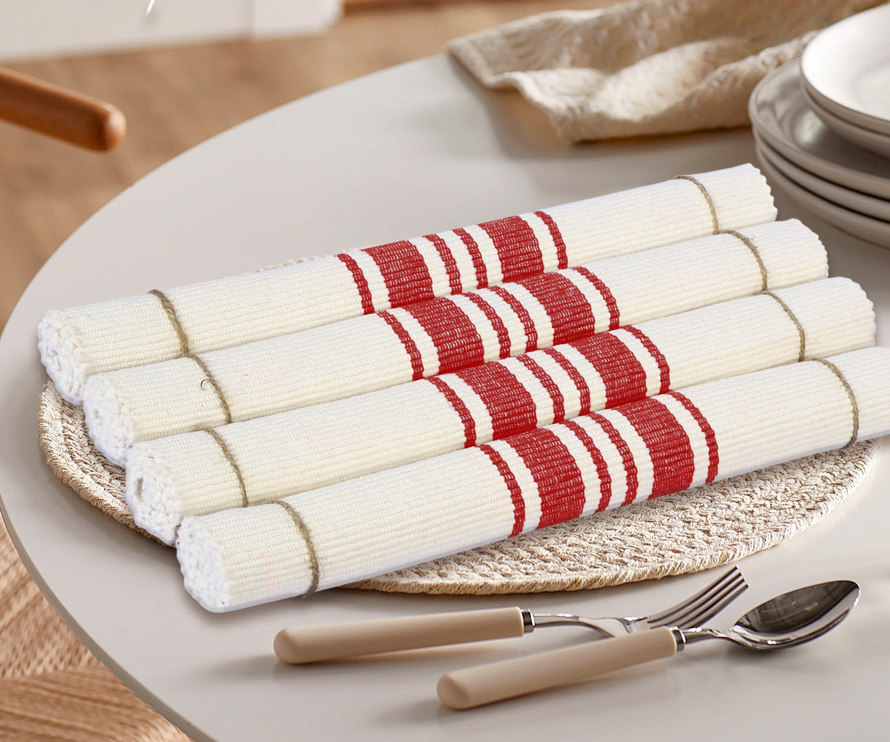 Red grain sack stripe cotton placemats for autumn