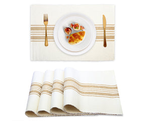 Washable beige country striped cotton placemats set